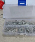 R Clips Cotter Pins Kit 100Pcs Assorted 6 Sizes Carbon Steel Hitch Pin Clips For Threaded Connections in plastic box