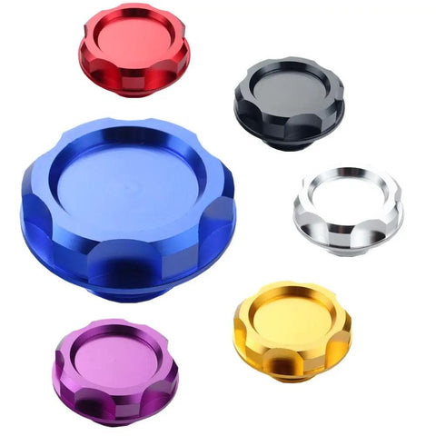 Colorful collection of billet aluminum engine oil filler caps for Honda Acura Civic TL, including Hot Red Billet Aluminum Engine Oil Filler Cap Cover For Honda Acura Civic TL Screw On Tank Cap Upgrade Precision Machined Fits Most B D K Series Engines Lightweight And Durable in red, blue, black, silver, gold, and purple.