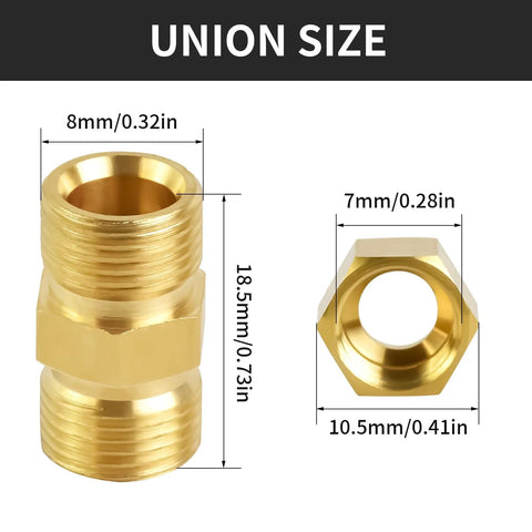 Brass compression union fitting for 3/16-inch tubing; hex-style nut and threaded ends