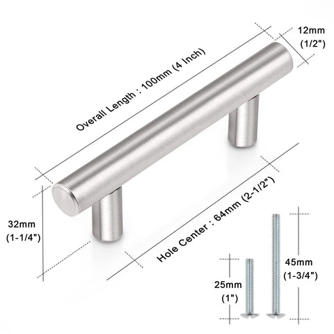 5 Pack Brushed Nickel T Bar Cabinet Pulls Stainless Steel Kitchen Cabinet Handles Two And A Half Inch Center To Center Four Inch Total Length