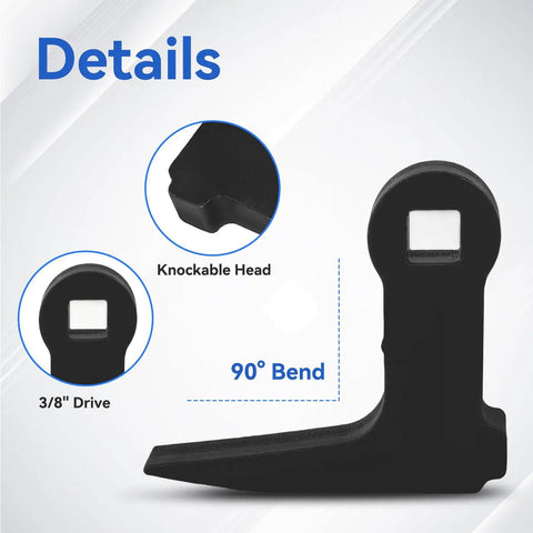 Ninety Degree Bend Pry Bar Wrench Adapter For Three Eighths Inch Drive Crowbar With Hammerable Head showing knockable head and 90° bend.