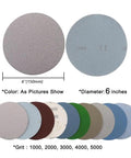 Six Inch Wet Dry Sanding Discs With Hook And Loop Backing Include 5 Different Grits Like 1000 And 2000 Plus 3000,4000,And 5000 displayed in various colors and sizes.