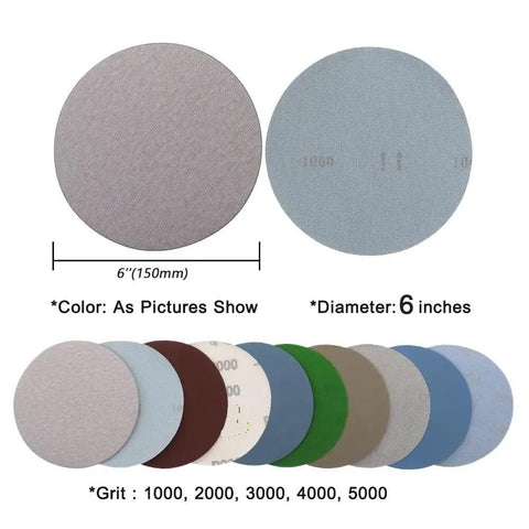 Six Inch Wet Dry Sanding Discs With Hook And Loop Backing Include 5 Different Grits Like 1000 And 2000 Plus 3000,4000,And 5000 displayed in various colors and sizes.