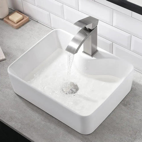 White Rectangle Ceramic Bathroom Vessel Sink And Brushed Nickel Waterfall Faucet Combo, 16x12 Inch Art Basin