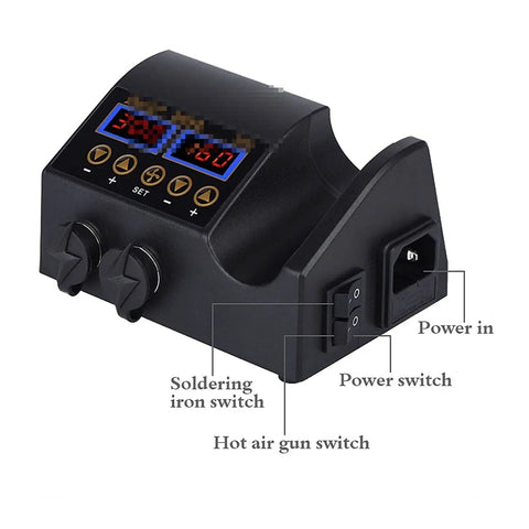 Pro Grade 2 in 1 Soldering Station With Hot Air Rework 800W, Dual LCD Displays, control panel with switches visible