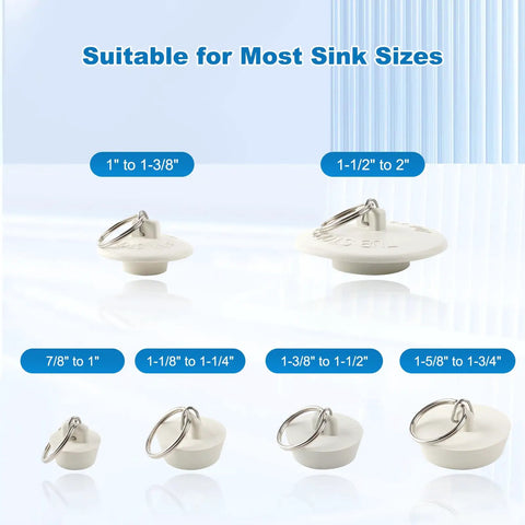 Six Size Universal Drain Stopper Set With Pull Ring Rubber Sink Plugs For Kitchen Bath Laundry And Tub That Easily Fits Seven Eighths Inch To Two Inches Across Six Sizes White shown in varied sizes with pull rings