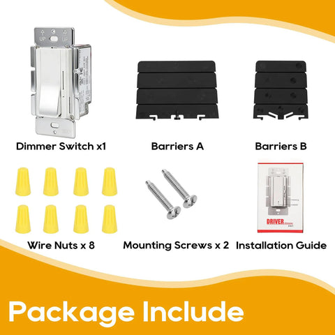 All In One 96W LED Driver And Dimmer For LED Strip Lights, 120V AC To 24V DC Dimmable Power Supply, 2 In 1 Dimmer Switch, Works With Single Pole And 3 Way Circuits, Low Voltage Transformer, UL Listed, White package includes dimmer switch, barriers, wire nuts, screws, and guide