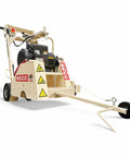 Rugged No Fuss 18 Inch Electric Walk Behind Saw Equipped With A Game Changing Five Horsepower Motor For Clean Down Cutting Up To Six And Three Quarters Inches, side view showcasing design and features.