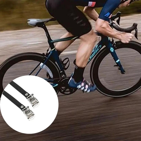 Universal Bicycle Pedal Straps One Pair Replacement Foot Straps For Bikes Or Exercise Bike Spin Class Sixteen Inch Length Durable Nylon Wear Resistant Replaces Missing Or Broken Straps On Outdoor Bikes And Home Trainers, shown with a cyclist.