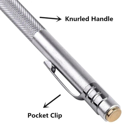 Close-up of Tungsten Carbide Tip Scriber 2 Pack Hand Drill Aluminum Etching Engraving Pen With Clip And Magnet, showing knurled handle and clip