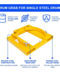 Heavy Duty Dmc Drum Grabber With 1500 Lbs Capacity single fork mounted design, steel construction, yellow finish, for 55 gallon drums.