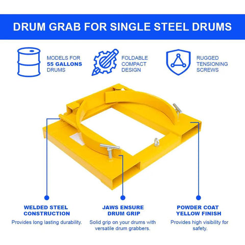 Heavy Duty Dmc Drum Grabber With 1500 Lbs Capacity single fork mounted design, steel construction, yellow finish, for 55 gallon drums.