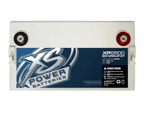 XS Power XP2500 XP Series 12V AGM battery, white case with blue XP label and red/black M6 terminals