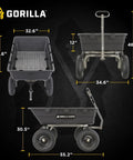Heavy-Duty Poly Yard Dump Cart with 10 Cu Ft Tub and 1500 Lb Haul Capacity, dimensions labeled, three angles shown