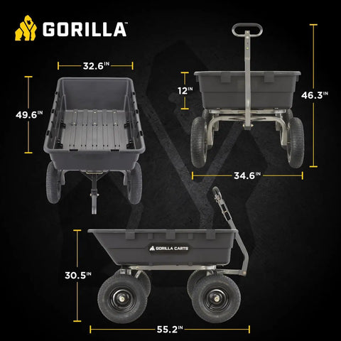 Heavy-Duty Poly Yard Dump Cart with 10 Cu Ft Tub and 1500 Lb Haul Capacity, dimensions labeled, three angles shown