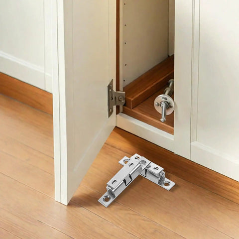 Healeep 10PCS Copper Door Catch With Silent Close Function For Kitchen Cabinets showing a silver latch installed on a cabinet door.