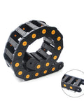 R100 Open Cable Drag Chain Carrier for CNC machines, 1 meter long, 35x100mm, openable design, black with orange connectors, linked chain view