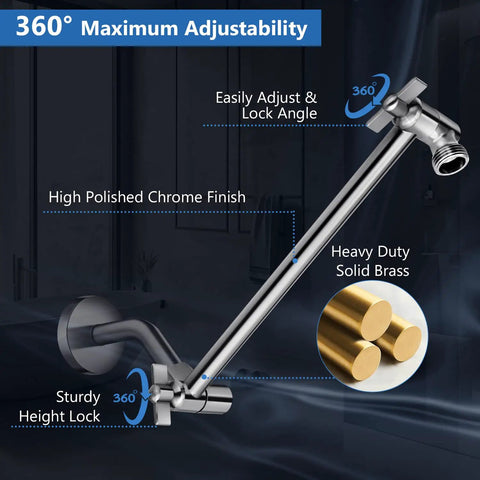 Shower Head Combo With Brushed Nickel Finish 11 Inch Adjustable Extension Arm showing 360-degree rotation and solid brass material.