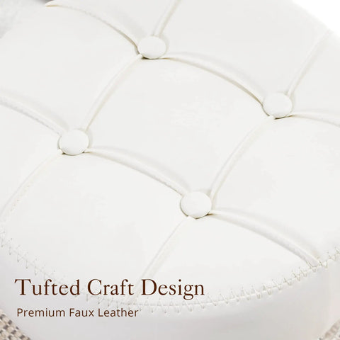 Adjustable Vanity Stool With 360 Degree Swivel White Faux Leather Makeup Chair tufted design detail