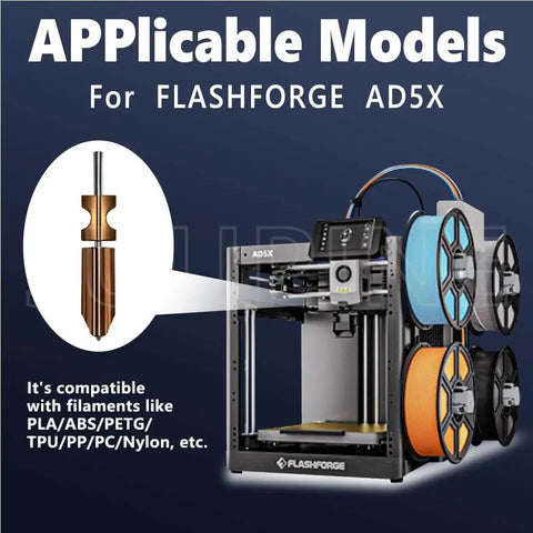 Beefed-Up 0.4mm All Metal Hotend Kit For AD5X After May 2025 Models displayed on a FLASHFORGE AD5X printer with nozzle detail.