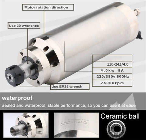 4KW Water Cooled Beefy High Torque Milling Spindle With ER25 Chuck And XY20 4 Hole Aerial Plug 100mm Diameter For CNC