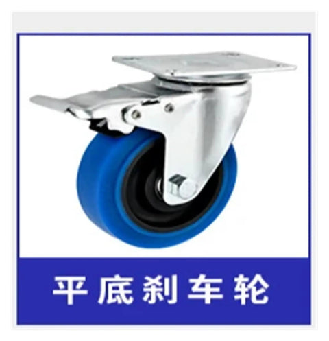 Heavy Duty 3 Inch Rubber Caster Set With Brakes, Ultra Quiet Swivel Wheels, Smooth Rolling Stainless Steel Base, No Nonsense Setup, Rock Tight Stability For Moving Furniture And Shop Gear - close-up of blue rubber caster wheel with brake