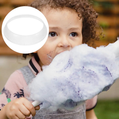 Child eating cotton candy with inset showing Cotton Candy Machine Guard Cover Enclosure For Portable Mini Candy Makers White Plastic Shield To Prevent Messes And Spills Durable Candy Maker Accessory With Sugar Dispenser Part For Home Kitchen Use.
