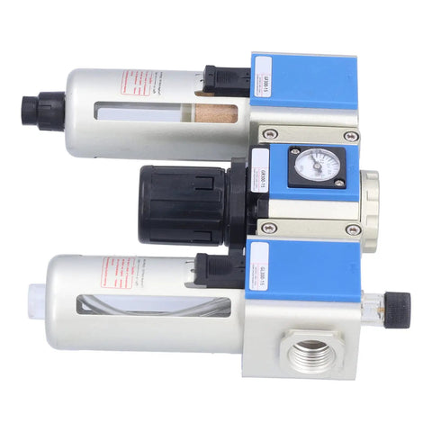 Aluminum Alloy Body Pneumatic Air Filter Pressure Regulator And Lubricator For Industrial Air Systems One Half Inch Thread With Modular Design Easy To Install And Service GC300 15 Air Treatment Unit, close-up of gauge and dials