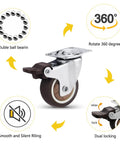 Close-up of 2 Inch Heavy Duty Swivel Casters Set Of 4 For Furniture Cribs And Workbenches 300 Lb Total Capacity with brake.