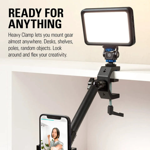 Heavy Duty Aluminum Camera And Lighting Mount Featuring Adjustable Ball Head Thick Padded Jaws Grip Rock Solid On Tables And Light Stands Four Quarter Inch Threads For Fast Rig Build