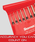 Starrett S 565 drive pin punches set in red case with various sizes displayed, accuracy you can count on text, precision tools