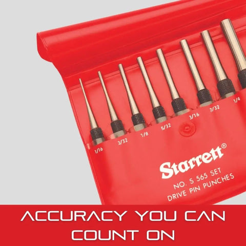 Starrett S 565 drive pin punches set in red case with various sizes displayed, accuracy you can count on text, precision tools