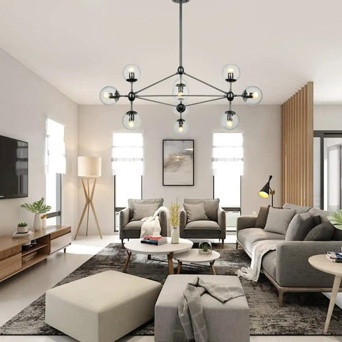 10 Light Modern Sputnik Chandelier In Matte Black With Globe Glass Shades For Dining Room, Kitchen Island, And Living Room, Industrial Chic, Easy Install, Statement Lighting Fixture For Modern Homes in living room setting.