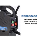 Close-up of ergonomic rear-mounted controls for Heavy Duty Single Speed Portable Magnetic Drill With One Point Three Eight Inch Bore Eight Point Two Amp Motor Four Hundred Fifty Rpm.