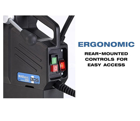 Close-up of ergonomic rear-mounted controls for Heavy Duty Single Speed Portable Magnetic Drill With One Point Three Eight Inch Bore Eight Point Two Amp Motor Four Hundred Fifty Rpm.