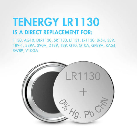 No Sweat Top Shelf Built To Last 1 5 Volt Ag10 Lr1130 Button Cell Batteries showing LR1130 button cell with specifications.