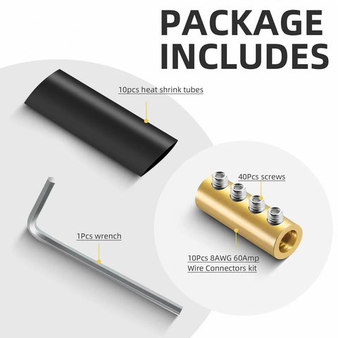 10 Pack 6-10 AWG Wire Connector Kit with 80 Amp quick wiring terminals, splice connectors, heat shrink tubing, and wrench included