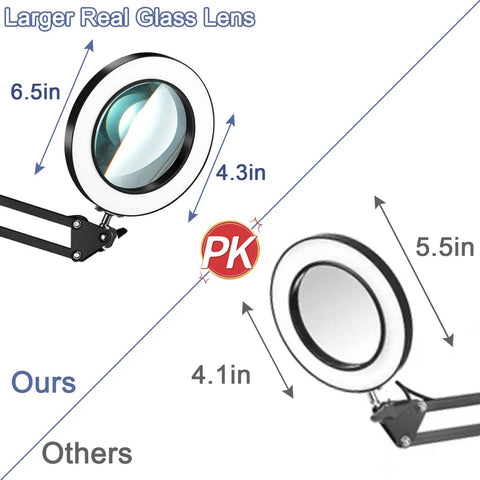 Comparison of 2-In-1 Magnifying Lamp With Light And Clamp Stand, 5X Magnifier, 4.3-Inch Lens vs. smaller 4.1-Inch lens.