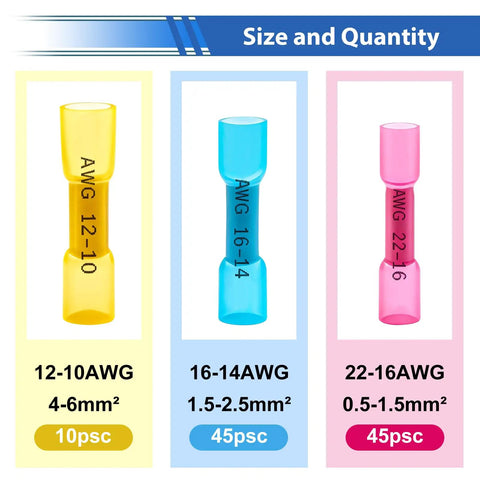 100 Pieces Heat Shrink Butt Connectors With Crimping Tool Set 22 10 AWG Waterproof Electrical Wire Connectors size chart