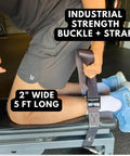 Nordic Curl Strap Heavy Duty Leg Curl Attachment with easy 10 second setup, shown in use on a gym bench with buckle details.