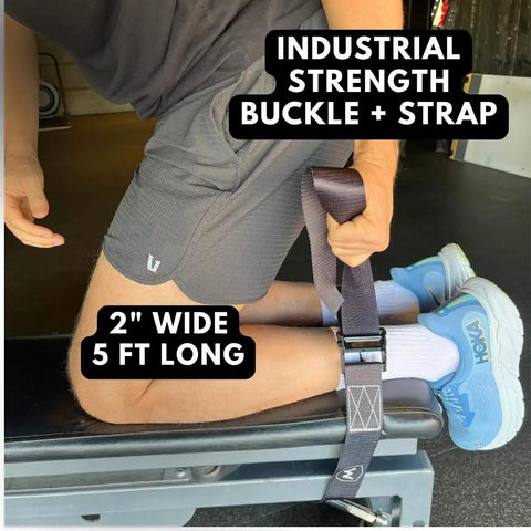 Nordic Curl Strap Heavy Duty Leg Curl Attachment with easy 10 second setup, shown in use on a gym bench with buckle details.