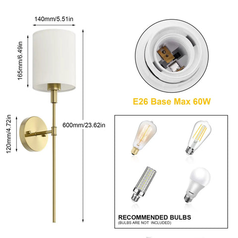 Dimensions and bulb recommendations for Brass Wall Sconce Set Of 2 With White Fabric Shades Sleek Modern Vanity Lights For Bathroom Bedroom Hallway Kitchen Anti Rust Gold Finish Wall Mount Fixtures Bulbs Not Included.