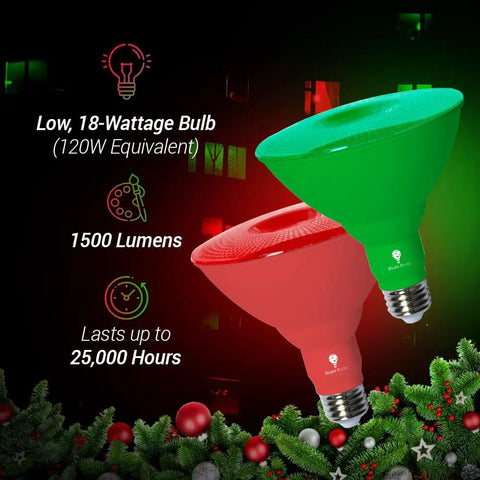 Green LED Par38 Flood Light Bulb 18W 120W Equivalent Dimmable E26 Base in festive holiday decor image