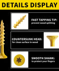 Weatherproof Tan Wood Screws For Outdoor Decks And Fences One And One Half Inch No Eight Deck Screws 155 Piece Pack Rust Resistant Epoxy Coated With T25 Torx Bit Included Built To Last details display with fast tapping tip, countersunk head, smooth shank.