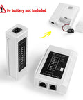 Compact Pass Through Ethernet Crimp Tool Kit with cable tester, 9v battery not included, shown in open and closed view.