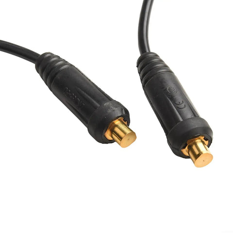 Ultimate 300 Amp Welding Ground Clamp With 23 Foot Copper Cable Heavy Duty Earth Connector For Pro MMA Stick Welding Jobs And Max Safety Grip, close-up of gold connectors with rubber casing.
