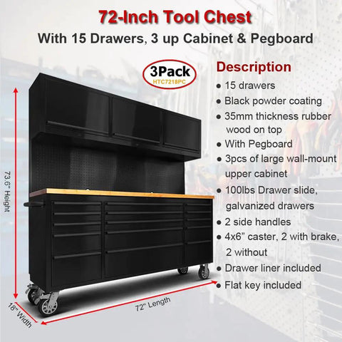 Tough As Nails 72 Inch Rolling Tool Chest With Fifteen Deep Drawers And Three Spacious Upper Cabinets, featuring black powder coating.