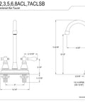 Technical drawing of Antique Copper Two-Handle Deck Mount Bar Faucet with Four Inch Centerset and dimensions.