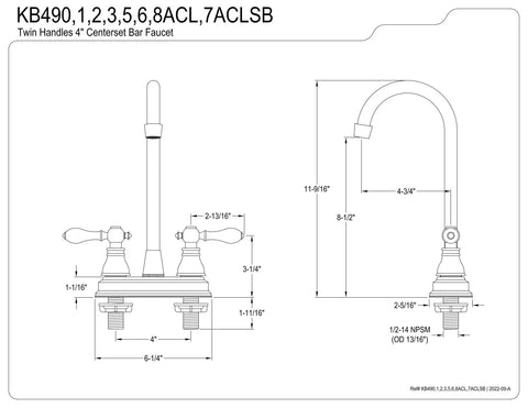 Technical drawing of Antique Copper Two-Handle Deck Mount Bar Faucet with Four Inch Centerset and dimensions.
