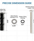 Universal Toilet Seat Bolts Replacement Kit For THU651N And Most 14-19mm Standard Seats, 4-Pack Heavy-Duty Stainless Steel Hardware, Quiet Secure Fit, Easy Install, Compatible With Kohler American Standard And More dimensions guide with bolt, rubber nut, washer, and O-ring